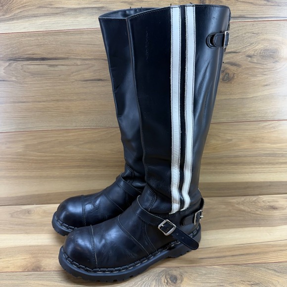 GRIPFAST Cap Hard Toe Tall Back Zip Boots UK 8 US 9 White Stripes Buckles Grunge